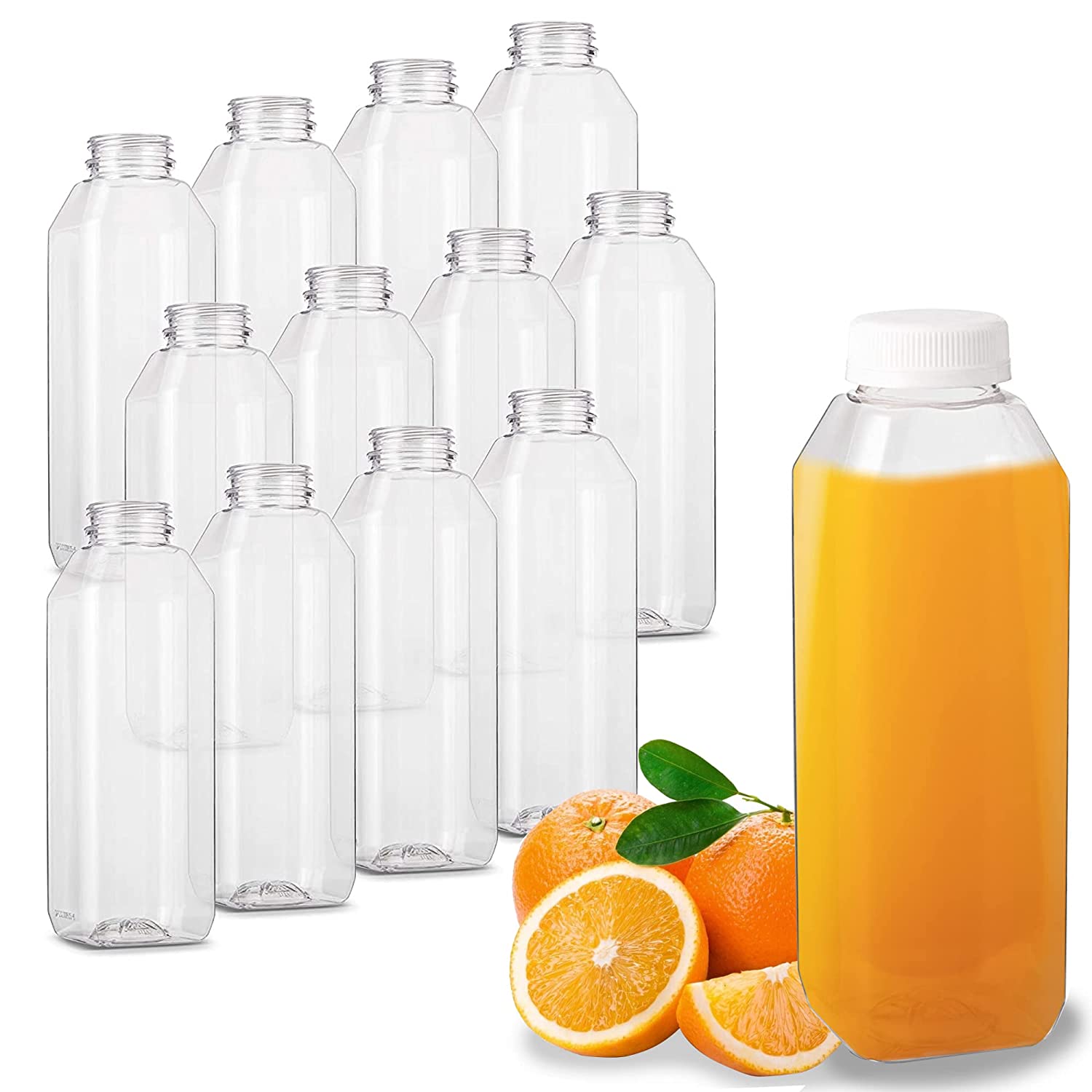 12 oz. Empty Clear Pet Plastic Juice Bottles with Tamper Evident Caps by MT Products - Set of 12 Bottles and 12