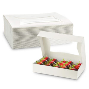 MT Products Chocolate Covered Strawberry Boxes/Treat Boxes - 12 x 8 x 2.25 inches Auto-Popup White Bakery Boxes with Window - Made in the USA