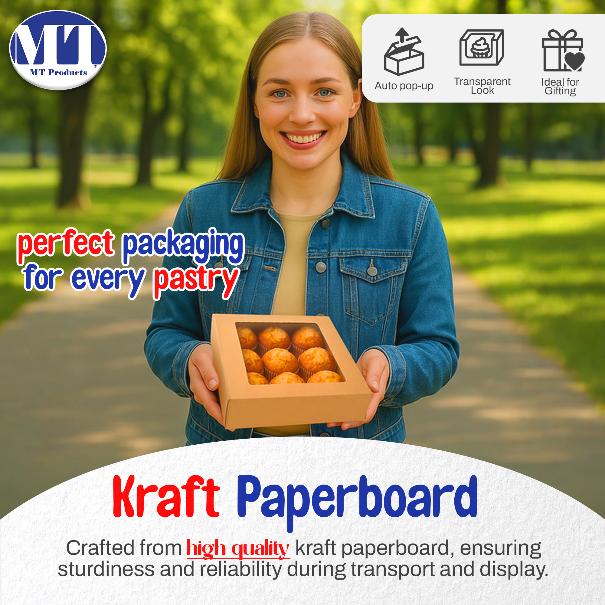 MT Products Keksboxen Aus Kraftpapier Mit Fenster – 20,3x20,3x6,3 Cm, Automatisches Pop-up-Design Für Cupcakes & Gebäck