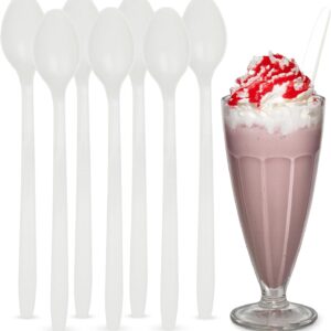MT Products White Plastic Long Handle Soda Sundae Spoon, 8" disposable iced tea spoons, perfect for mixing and stirring drinks like sundaes, sodas, and iced tea, pack of 50, durable and ideal for parties, cafes, or on-the-go use.