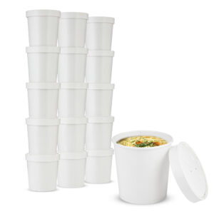 MT Products White Paper Soup Cups for food, featuring vented paper lids to prevent leaks. These disposable cups are perfect for serving hot soups or cold ice cream, offering a secure and mess-free solution for food on the go.