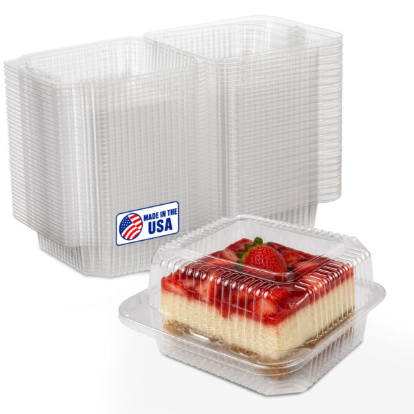 MT Products clear plastic square cake containers 5 x 5 x 2.75 inches – medium deep hinged food containers with lids for cake slices, desserts, pastries, cupcakes, brownies, and bakery takeout – made in the USA