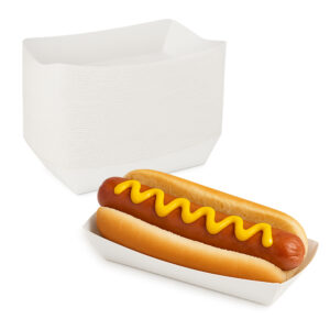 MT Products White Paper Hot Dog Tray with grease-resistant barrier, measuring 7” x 2.75” x 1.5”. Durable and ideal for serving hot dogs, this pack of 50 trays is perfect for picnics, barbecues, and events. Made in the USA, these trays provide a convenient and sturdy solution for food service