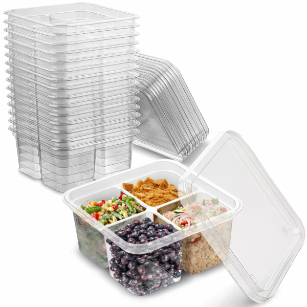 MT Products Bento Boxes 6 x 6 x 3 inches Plastic 4 Compartment Meal Prep Containers with Lids - Pack of 15, Made in the USA, Perfect for Portion Control and Meal Prep