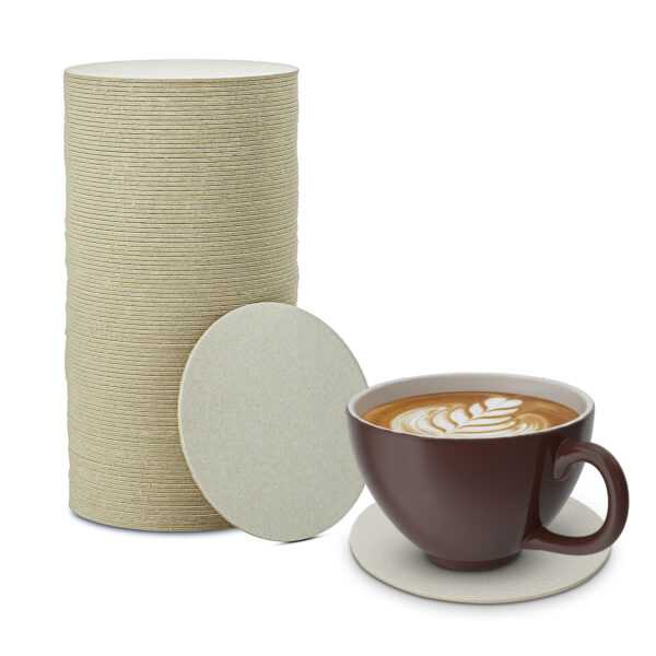 MT Products Drink Coasters, 4 inches in size, made from off-white cardboard paper. Ideal for protecting surfaces from beverage spills, these coasters come in a pack of 125. Perfect for home use, events, or restaurants. Made in the USA, offering a practical and eco-friendly solution for drinkware