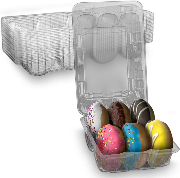 MT Products Plastic Container with barlock closure and hinged lid, designed to hold 6 donuts or 12 cookies. This pack of 20 containers ensures optimal freshness for baked goods with a secure, airtight seal. Ideal for bakeries, parties, and takeout. Clear plastic construction for easy visibility