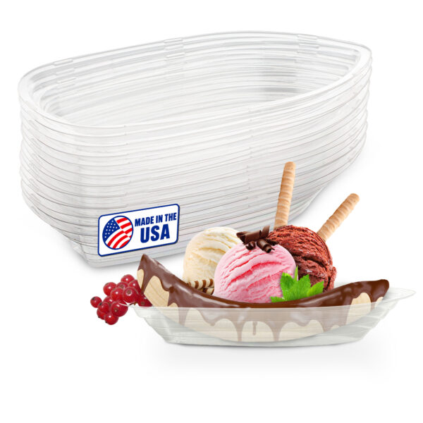 MT Products Clear Plastic Disposable Banana Split Boats - Pack of 60, 8 oz Ice Cream Sundae Bowls - Made in the USA. Featuring a clear, durable plastic design, these disposable bowls are perfect for serving banana splits and ice cream sundaes. Ideal for parties, events, and dessert shops