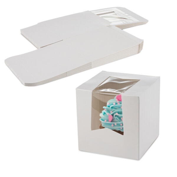 MT Products White Single Cupcake Box measuring 4.5" x 4.5" with a clear window, designed to showcase and protect single cupcakes. Pack of 15 boxes made from durable materials, perfect for bakeries, events, or gifting. Ideal for displaying your delicious treats while keeping them fresh and secure