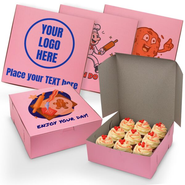 MT Products custom printed pink cupcake boxes 8 x 8 x 3 inches – personalized disposable bakery boxes with logo for cupcakes, cookies, pastries, dessert packaging, bakeries, and special events – made in the USA