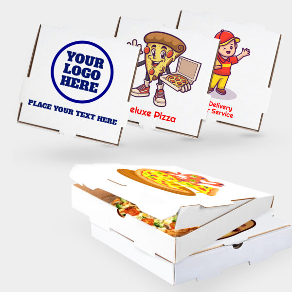 MT Products custom printed personal pizza boxes 12 x 12 x 2 inches – white corrugated pizza boxes with personalized logo or text for pizza, cookies, mini pies, charcuterie, takeout, and branded packaging – made in the USA