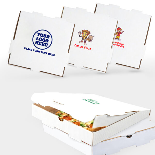 MT Products custom printed white corrugated pizza boxes 14 x 14 x 2 inches – personalized packaging with logo or text for pizza, cookies, mini pies, charcuterie, and takeout – made in the USA