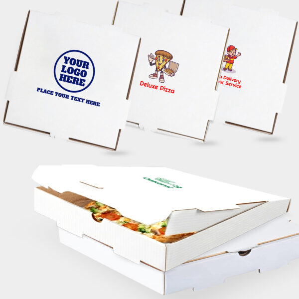 MT Products custom printed white corrugated pizza boxes 16 x 16 x 2 inches – personalized packaging with logo or text for pizza, cookies, mini pies, charcuterie, and takeout – made in the USA