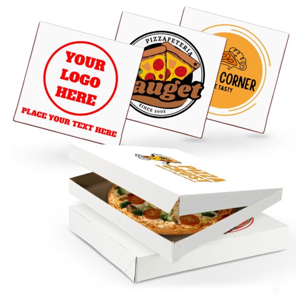 MT Products custom printed extra thin white pizza boxes 18 x 18 x 1.9 inches – personalized pizza takeout boxes with logo for restaurants, pizzerias, catering, and food delivery – made in the USA