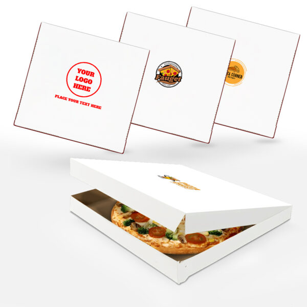 MT Products custom printed extra thin white pizza boxes 14 x 14 x 1.9 inches – personalized lightweight pizza takeout boxes with logo for restaurants, pizzerias, catering, and food delivery – made in the USA