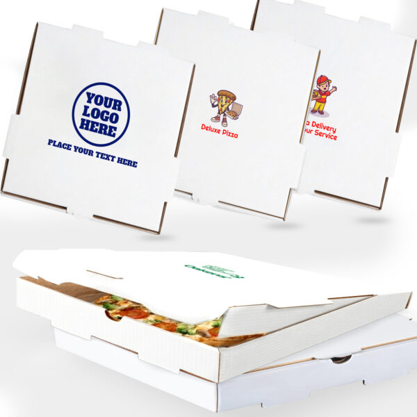 MT Products custom printed personal pizza boxes 18 x 18 x 2 inches – white corrugated cardboard boxes with logo or custom text for pizza, cookies, mini pies, and charcuterie packaging – made in the USA