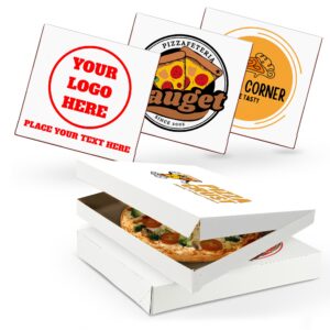 MT Products custom printed extra thin white pizza boxes 16 x 16 x 1.9 inches – personalized lightweight pizza takeout boxes with logo for restaurants, pizzerias, catering, and food delivery – made in the USA